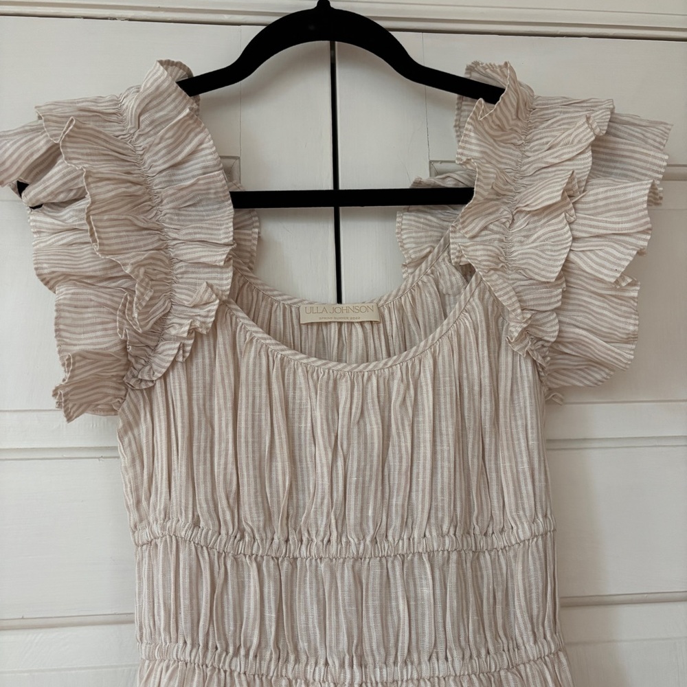 Ulla Johnson Rissa Dress Sand Linen Striped Ruffle Nap Midi Dress Size 2 Beach - Picture 5 of 16